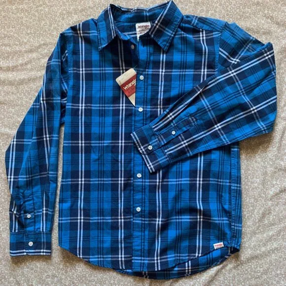 Wrangler Boys' Navy + Blue Plaid ‘Authentics’ Western Shirt; XXL - Picture 2 of 6